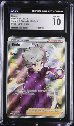 CGC 10 GEM MINT Bede 199/202 Sword & Shield Ultra Rare Trainer Pokemon Card - Image 1
