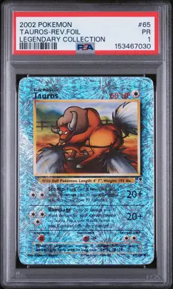 2002 POKEMON LEGENDARY COLLECTION #65 TAUROS-REVERSE FOIL PSA 1 - Image 1