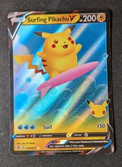 Surfing Pikachu V - 008/025 - Pokemon Celebrations Sword & Shield Rare Card NM - Image 1