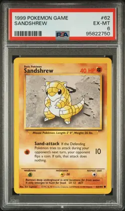1999 POKEMON GAME ORIGINAL BASE SET #62 SANDSHREW - WIZARDS OF THE COAST PSA 6 - Image 1