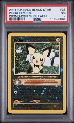 2001 POKEMON PROMO BLACK STAR #35 PICHU-REV.FOIL PROMO-POKEMON LEAGUE PSA 7 - Image 1