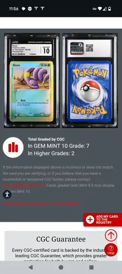 (POP 7) CGC 10 GEM MINT Pokemon Ekans 64/100 Reverse Holo ex Sandstorm Card - Image 4