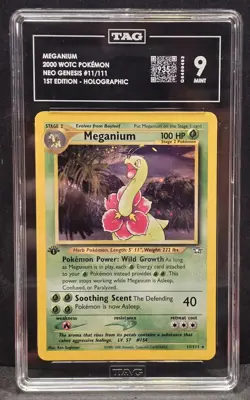 Pokemon Neo Genesis Meganium 11/111 Holo Rare First Edition TAG 9🌀🌀SWIRL🌀🌀 - Image 1