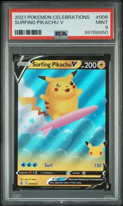 2021 POKEMON CELEBRATIONS #008 SURFING PIKACHU V PSA 9 - Image 1