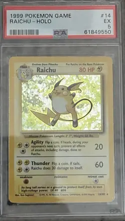 PSA 5 1999 POKEMON TCG BASE SET RAICHU 14/102 HOLO RARE ENG KEN SUGIMORI - Image 1