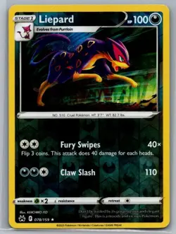 Liepard 078/159 Rare Crown Zenith Pokemon Reverse Holo Near Mint - Image 1