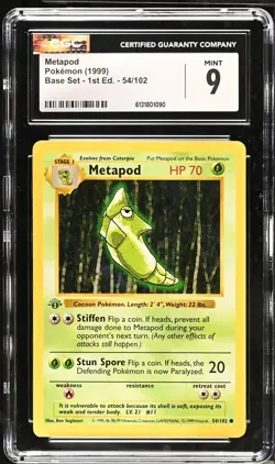CGC 9 MINT Metapod 54/102 1st Edition Shadowless Base Set Pokemon Card - Image 1