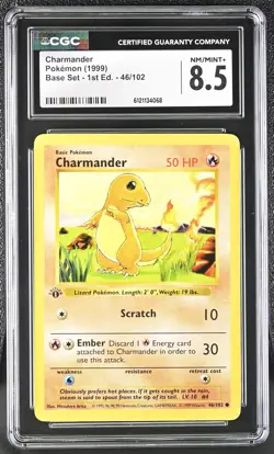 CGC 8.5 Charmander 1999 Base Set Shadowless 1st Edition 46/102 Pokemon Card - Image 1