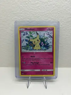 DAMAGED Mimikyu Sun & Moon Black Star Promo SM163 Holo Pokemon TCG Card - Image 1