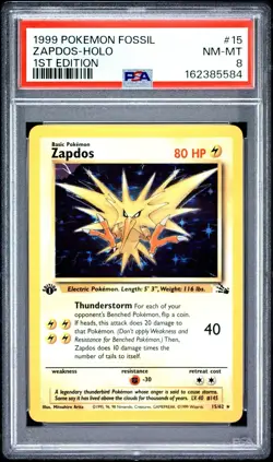 1999 POKEMON FOSSIL 1ST EDITION #15 ZAPDOS-HOLO PSA 8 - Image 1