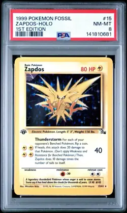 1999 Pokemon Fossil 1st Edition Zapdos Holo #15 PSA 8 NM-MT WOTC Rare - Image 1
