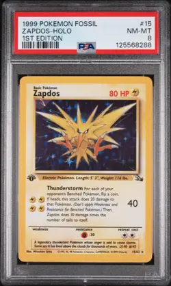 1999 POKEMON FOSSIL 1ST EDITION #15 ZAPDOS-HOLO PSA 8 - Image 1