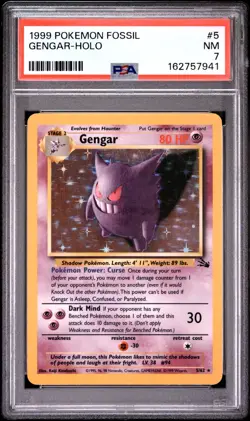 1999 Pokemon Fossil Unlimited Gengar Holo 5/62 PSA 7 - Image 1
