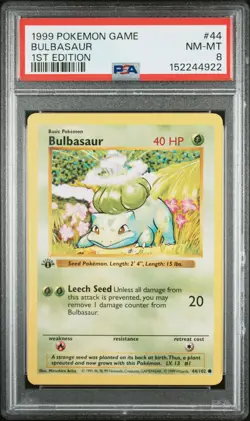 1999 POKEMON BASE SET 1ST EDITION #44 BULBASAUR PSA 8 - Image 1
