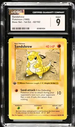 CGC 9 MINT Sandshrew 62/102 1st Edition Shadowless Base Set Pokemon Card - Image 1