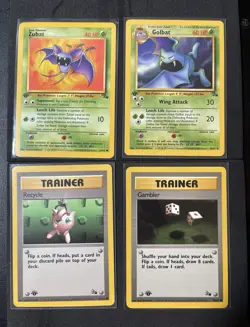 Pokemon TCG Fossil 1st Edition 4-Card Lot EN 1999 Zubat Golbat Recycle Gambler - Image 1