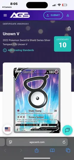 Pokemon TCG Unown v Full Art Ultra Rare Silver Tempest 176/195 AGS 10 Legendary - Image 4