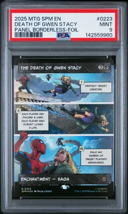 2025 MTG MARVEL'S SPIDER-MAN PANEL BORDERLESS-FOIL THE DEATH OF GWEN STACY PSA 9 - Image 1