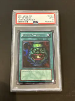 PSA 9 YuGiOh Pot of Greed DB1-EN134 Super Rare Dark Beginning 1 GEM MINT - Image 1