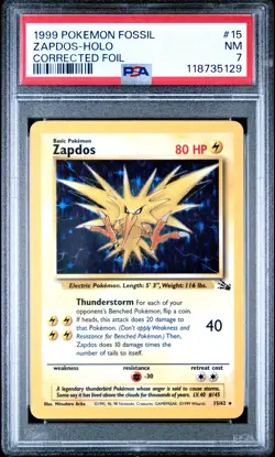 1999 POKEMON FOSSIL CORRECTED FOIL #15 ZAPDOS-HOLO PSA 7 - Image 1