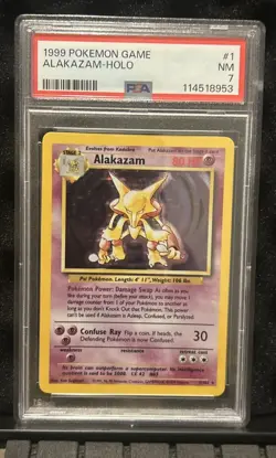 1999 ALAKAZAM HOLO RARE BASE SET POKEMON TCG PSA 7 NEAR MINT #1/102 - Image 1