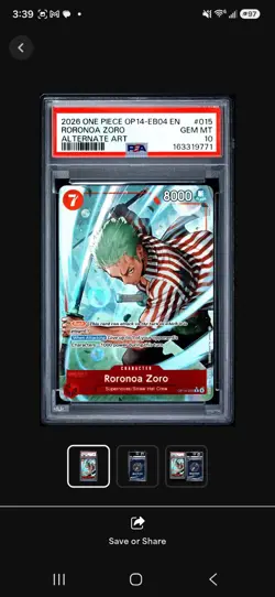 2026 ONE PIECE OP14-EB04-THE AZURE SEA'S SEVEN ALTERNATE ART RORONOA ZORO PSA 10 - Image 1