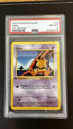 Pokemon TCG Abra Base Set, 1st Edition Common Card 43/102 PSA 8 - Image 1