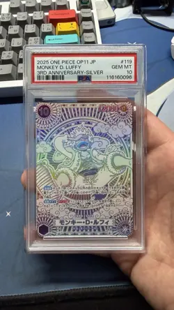 2025 ONE PIECE OP11 JP MONKEY D LUFFY 3RD ANNIVERSARY SILVER OP05-119 PSA 10 - Image 1