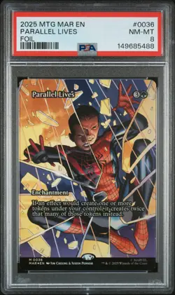 2025 MTG MARVEL'S SPIDER-MAN: SOURCE MATERIAL FOIL #0036 PARALLEL LIVES PSA 8 - Image 1