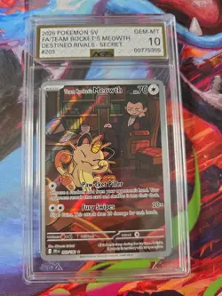 Pokemon Team Rockets Meowth Card 203/182 Destined Rivals AGS 10 GEM MINT - Image 1