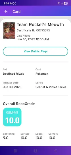 Pokemon Team Rockets Meowth Card 203/182 Destined Rivals AGS 10 GEM MINT - Image 3