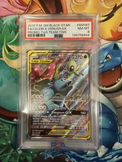 Pokemon TCG Celebi & Venusaur GX SM167 Promo Tag Team Holo Card PSA 8 - Image 1