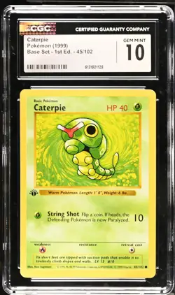CGC 10 GEM MINT Caterpie 45/102 1st Edition Shadowless Base Set Pokemon Card - Image 1