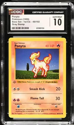 CGC 10 Ponyta 60/102 Gray Stamp 1st Edition Shadowless Base Set Pokemon Card - Image 1