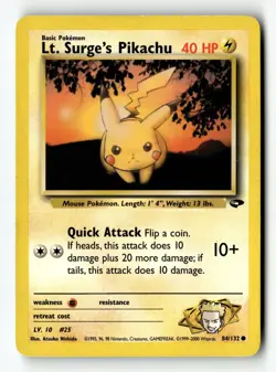 Pokemon Card Lt. Surge's Pikachu Unlimited LP Gym Challenge 084/132 - Image 1