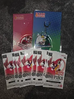Round 1 One Piece Trading Card Game Promo Lot of 10 Packs + 2 Keychains + Hat - Image 2