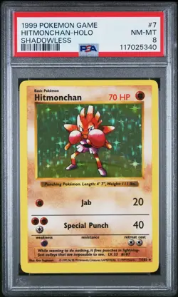 1999 POKEMON GAME 7 HITMONCHAN HOLO SHADOWLESS PSA 8 NM/MT - Image 1