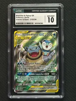Blastoise & Piplup GX 215/236 Cosmic Eclipse CGC 10 Tag Team Pokemon Card - Image 1