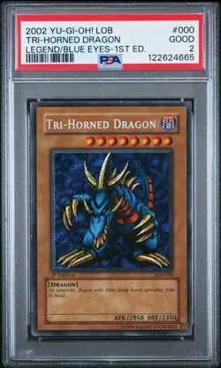 2002 YU-GI-OH! LOB-LEGEND OF BLUE EYES WHITE DRAGON #000 TRI-HORNED DRAGON PSA 2 - Image 1