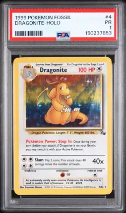 PSA 1 PR 1999 Pokemon Fossil Dragonite Holo 4/62 Holo Foil WOTC Unlimited - Image 1