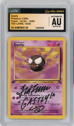CGC Authentic Auto 10 Ted Lewis Gastly Fossil Set 33/62 1st Edition Pokemon 1999 - Image 1