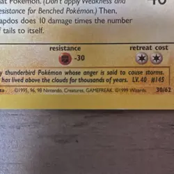 Wizards Pokemon TCG Fossil Zapdos 30/62 Holo Rare English 80 HP 1999 Unlimited - Image 2