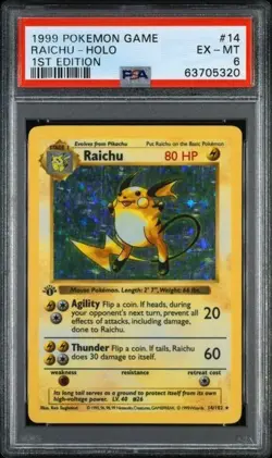 1999 POKEMON BASE SET 1ST EDITION #14 RAICHU-HOLO PSA 6 - Image 1