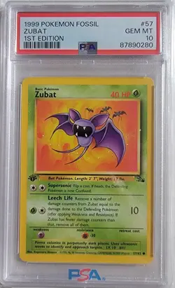 1999 Pokemon Fossil 1st Edition #57 Zubat - PSA10 GEM MINT - Image 1