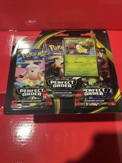 Pokemon TCG: Mega Evolution Perfect Order 3-Pack Triple Blister Chikorita Promo - Image 1