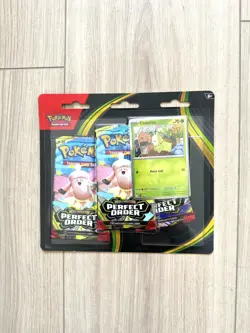 Pokemon TCG: Mega Evolution Perfect Order 3-Pack Triple Blister Chikorita Promo - Image 1