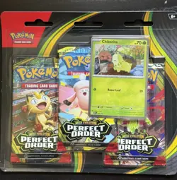Pokemon TCG: Mega Evolution Perfect Order 3-Pack Triple Blister Chikorita Promo - Image 1