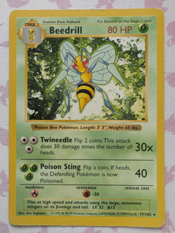 Pokemon Card Beedrill Shadowless Base Set Rare 17/102 - Image 1