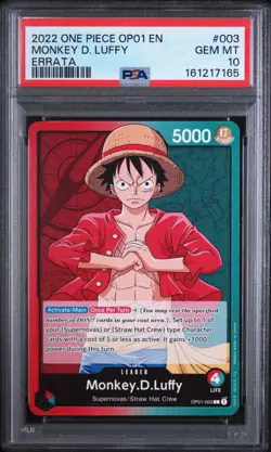 2022 ONE PIECE OP01-ROMANCE DAWN ERRATA #003 MONKEY D. LUFFY PSA 10 - Image 1
