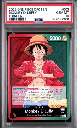 Bandai One Piece CCG Romance Dawn Monkey D. Luffy OP01-003 Errata EN PSA 10 - Image 1
